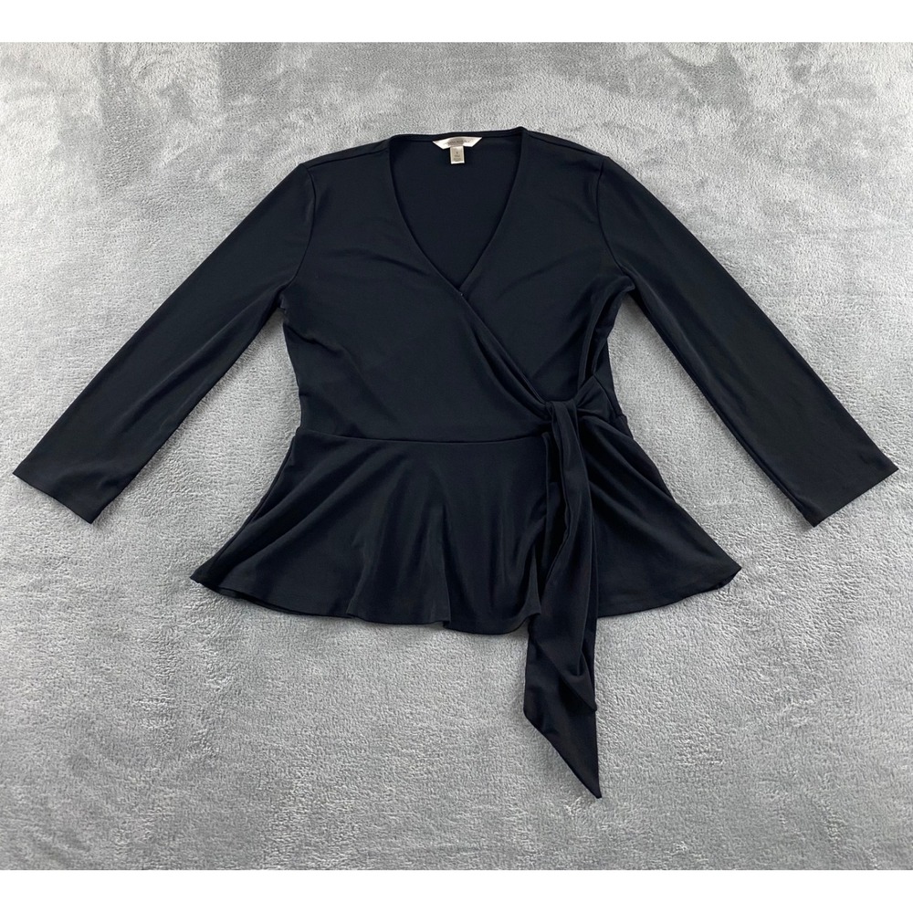 Banana Republic Womens Black Faux Wrap Peplum Top‎ Long Sleeve V-Neck Small